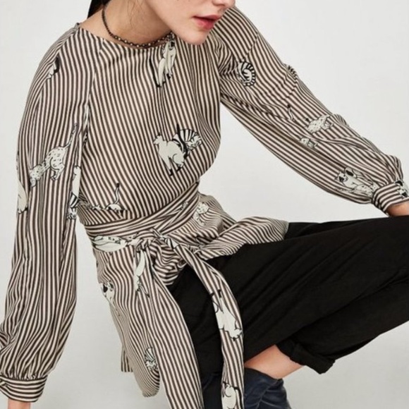 Zara Tops - (SOLD) ZARA Collarless Button Front Striped Blouse Cat Print Belt Black Cream L